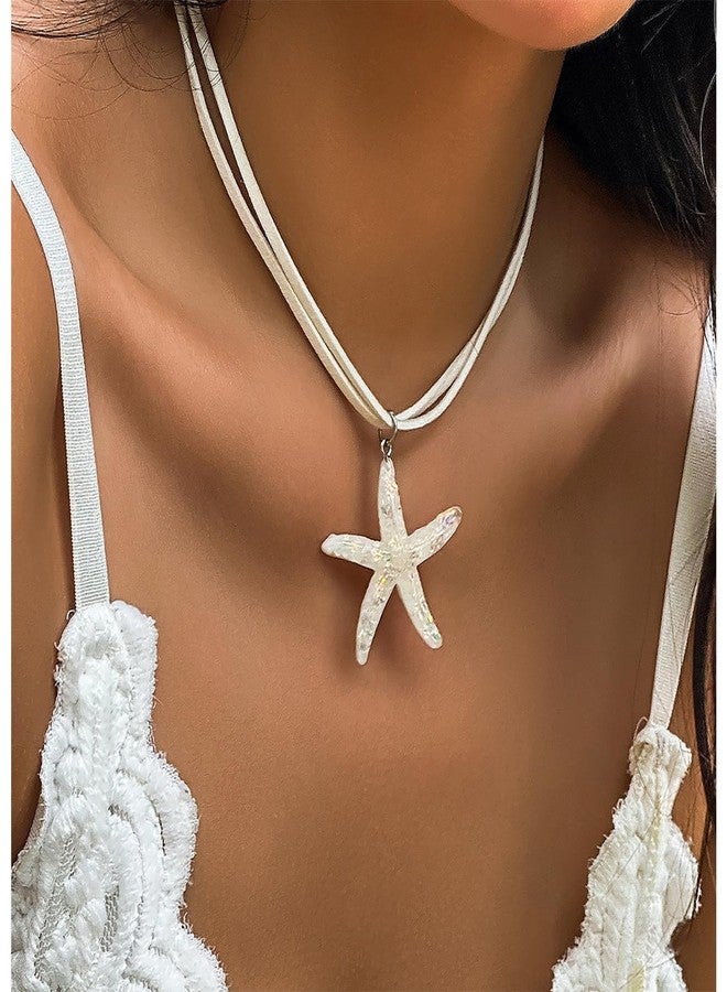 Decixde Women's Starfish Pendant Necklace, White, Boho Choker, Summer Beach Jewelry - Image 3